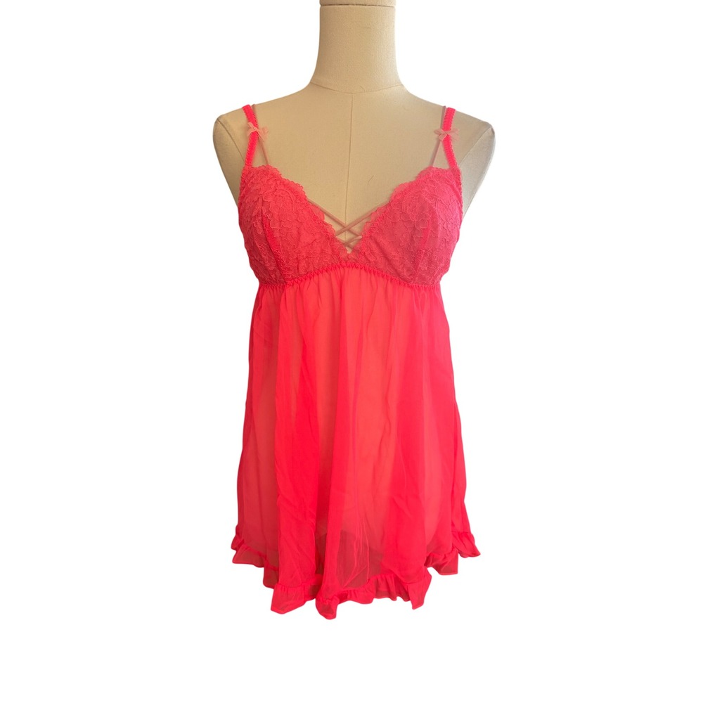 Victorias Secret Neon Pink Lace Mesh Babydoll Chemise Strappy Ruffle S